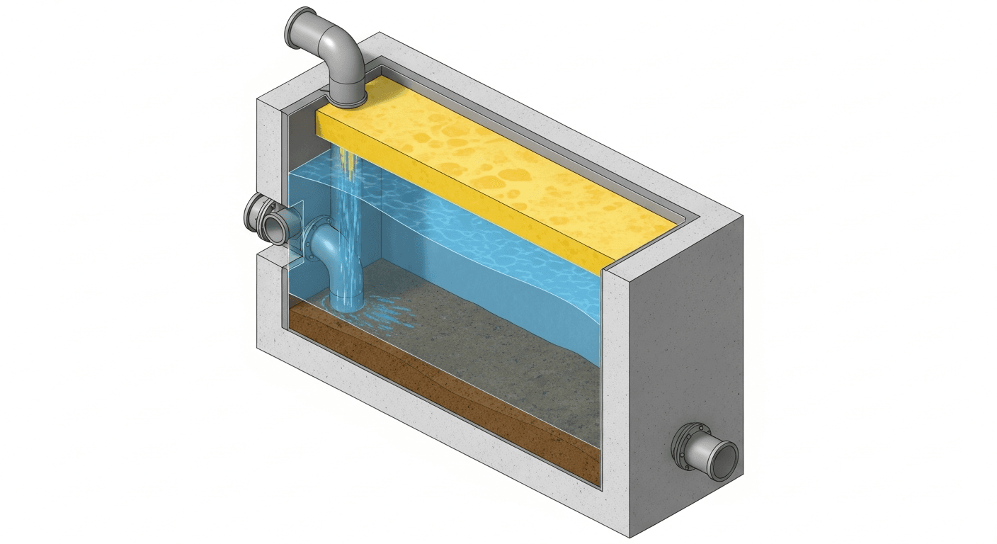 Querschnitt eines Fettabscheiders — Schichten: Fett, Wasser, Schlamm
