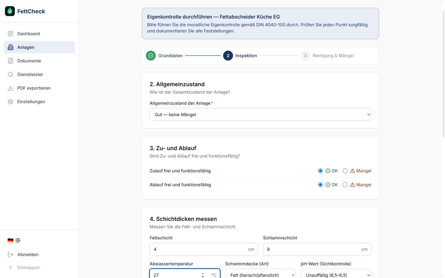 FettCheck-Eigenkontrolle mit ausgefüllten Feldern für Anlagenzustand, Zu- und Ablauf sowie Schichtdicken.