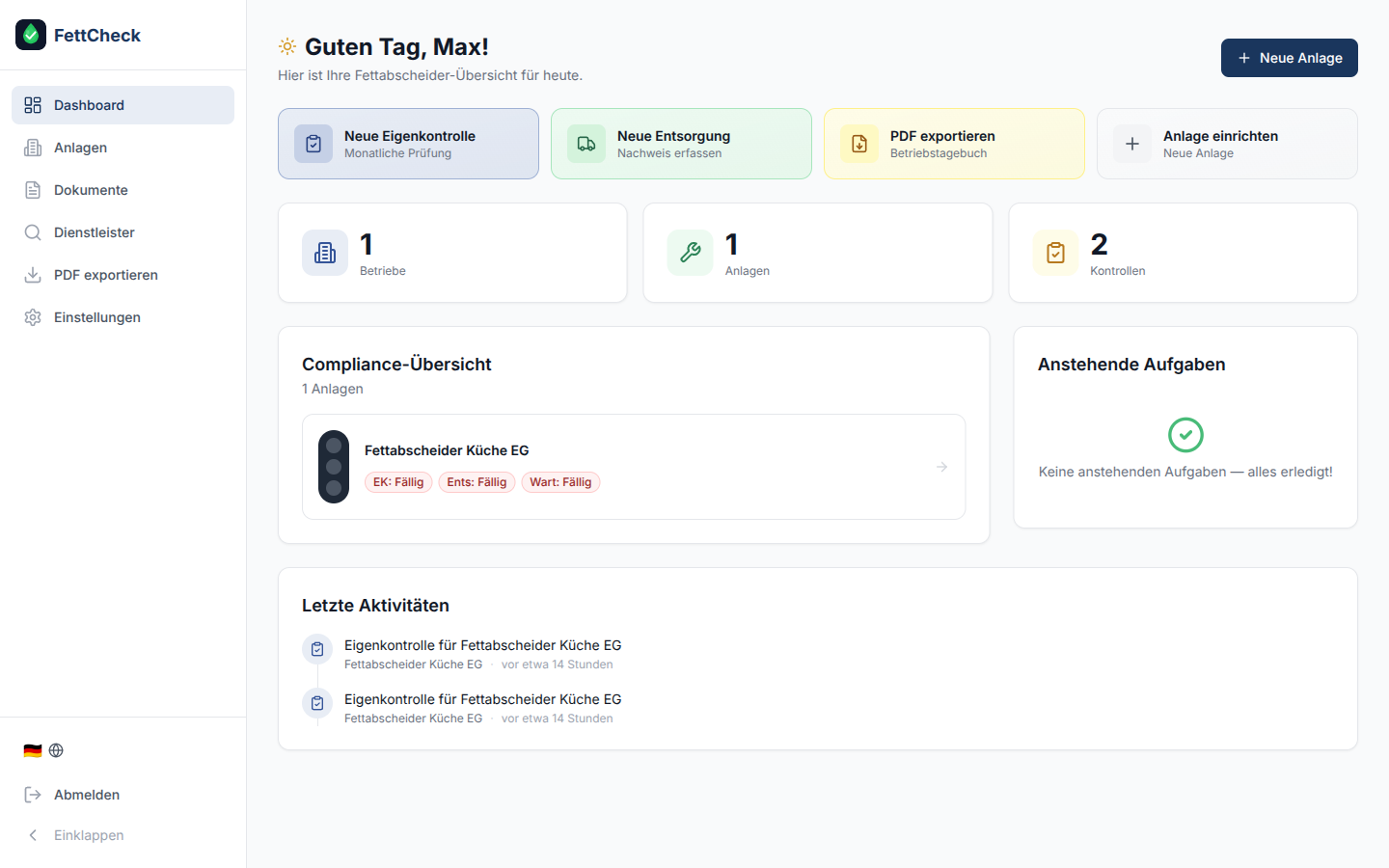 FettCheck Dashboard — Compliance-Übersicht, Aufgaben und Status aller Anlagen